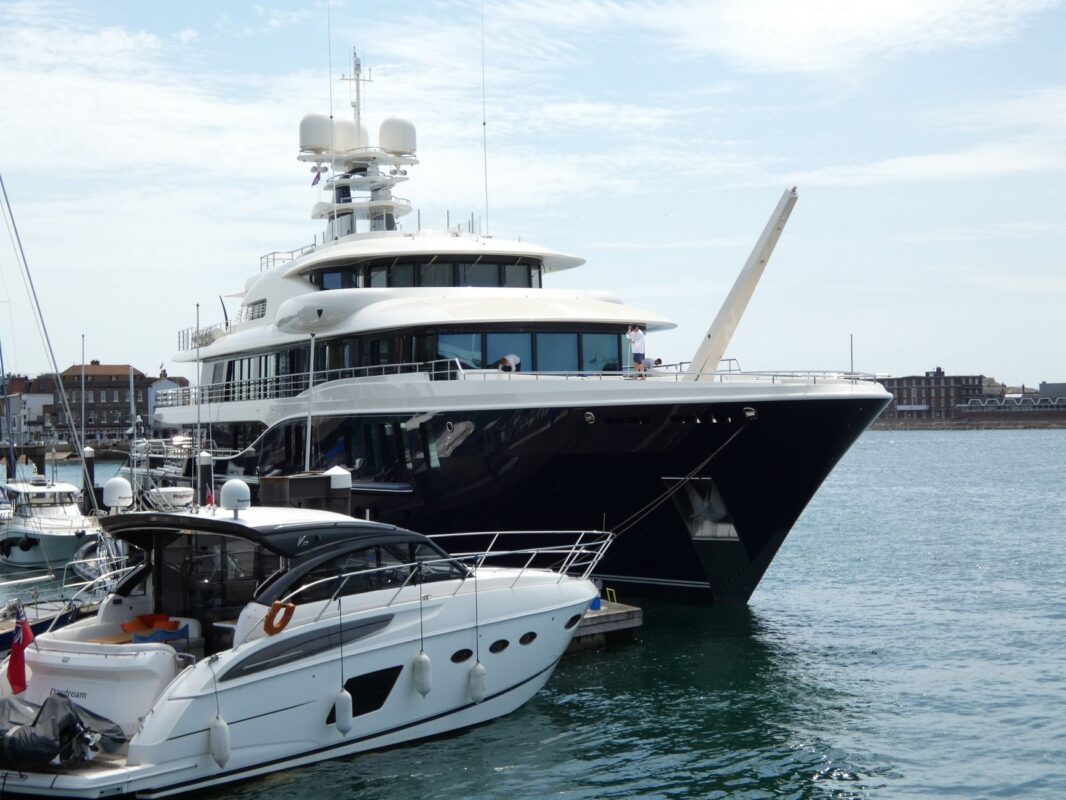 luxury yacht in portsmouth marina on sunny day